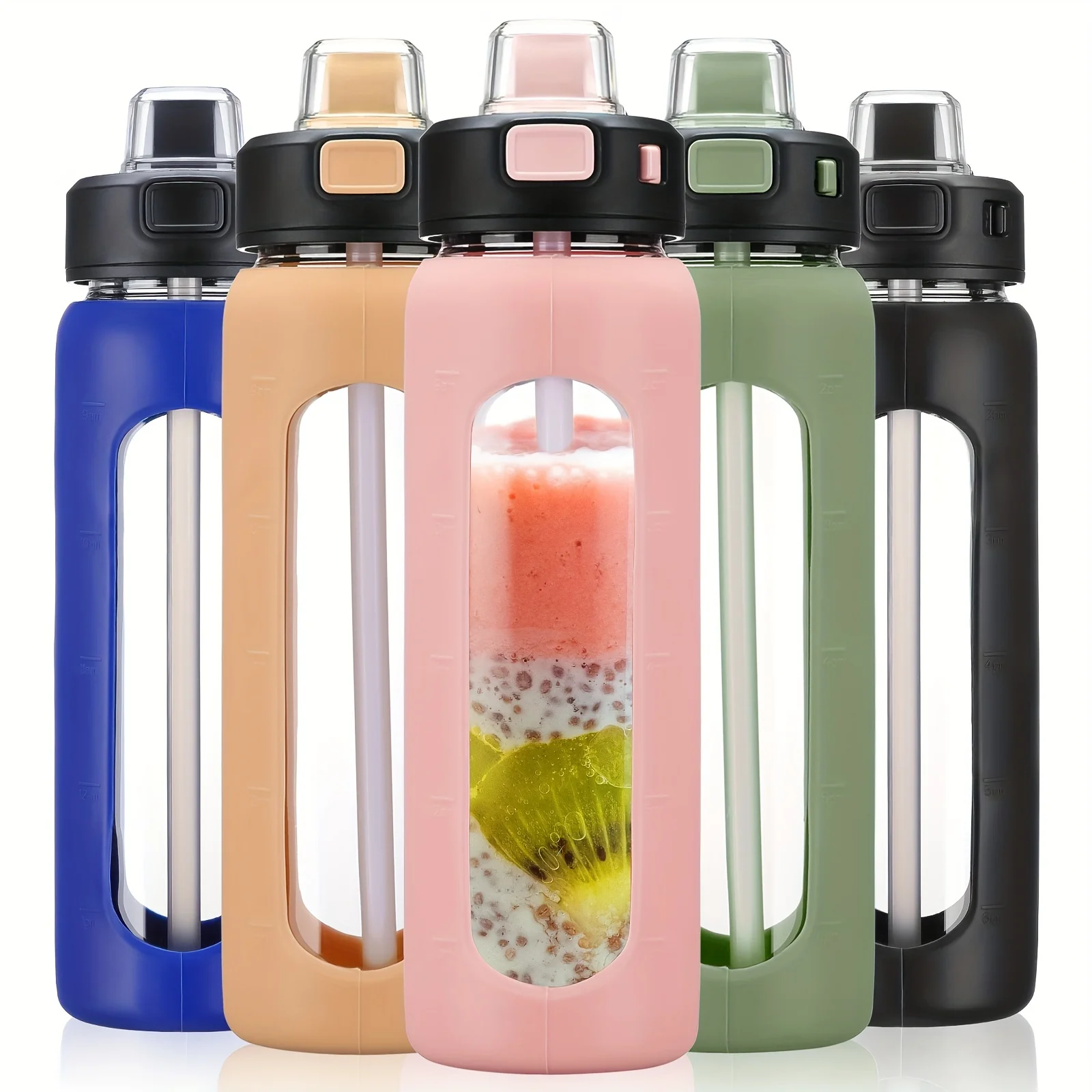 MUKOKO 24oz Glass Water Bottle With Straw, Motivational Water Bottles With Time Marker And Silicone Sleeve, Glass Bottle With Locking Lid And Carry Loop - Image 11