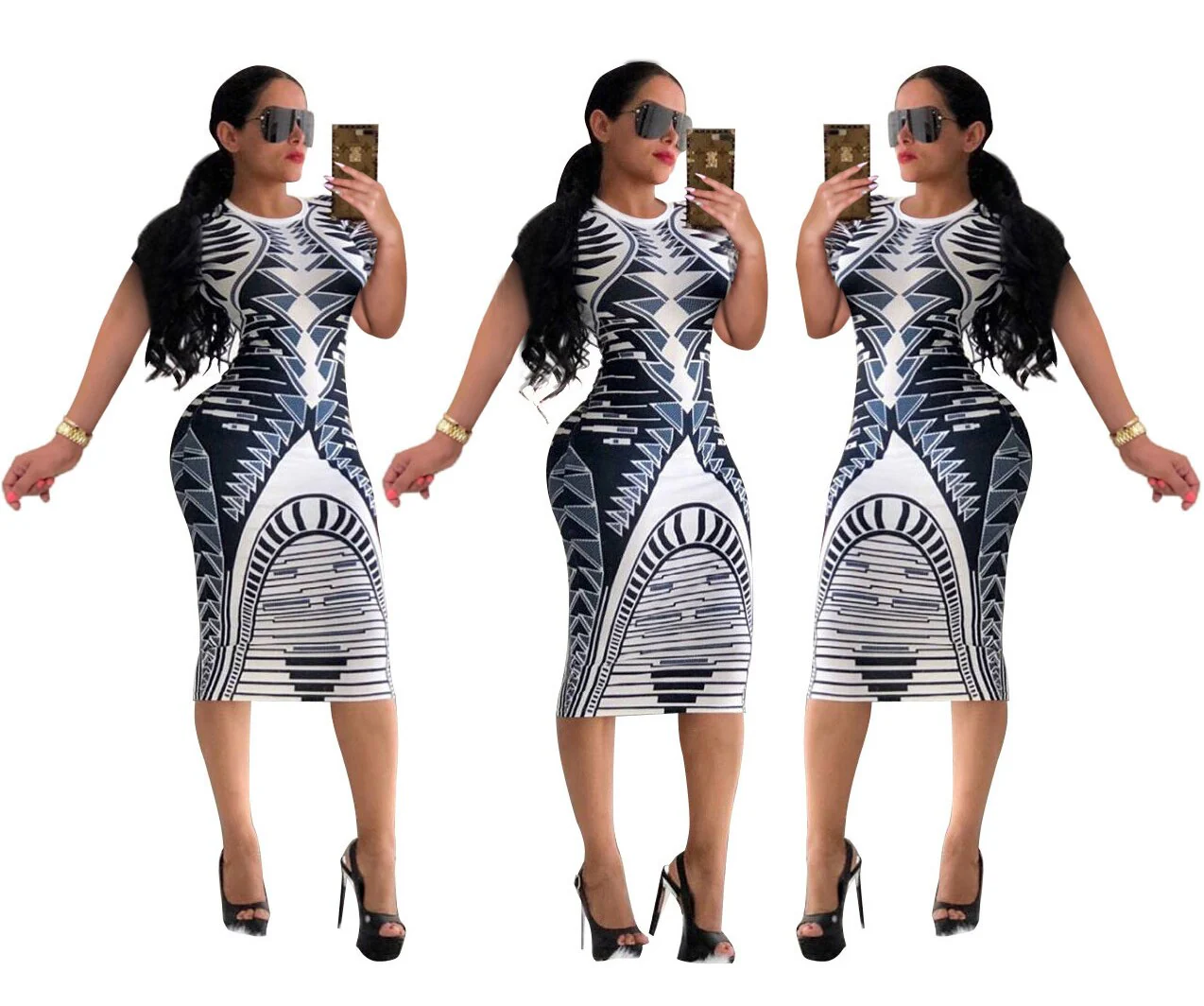 Multicolor Print Novelty Bodycon Sheath Dress Women Summer Long Sleeve Knee-Length Casual Dresses Elegant Slim Midi Robe Femme - Image 20