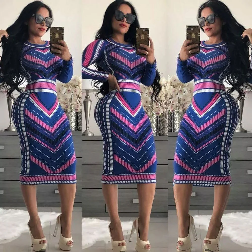 Multicolor Print Novelty Bodycon Sheath Dress Women Summer Long Sleeve Knee-Length Casual Dresses Elegant Slim Midi Robe Femme - Image 30
