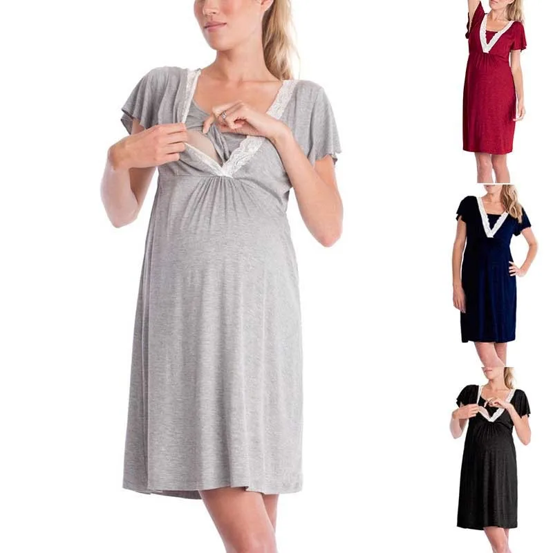 Multifunction Maternity Dress Lace Nighty Short Sleeve Solid Color Fashion Nursing Pregnant Pajamas for Summer - Image 3