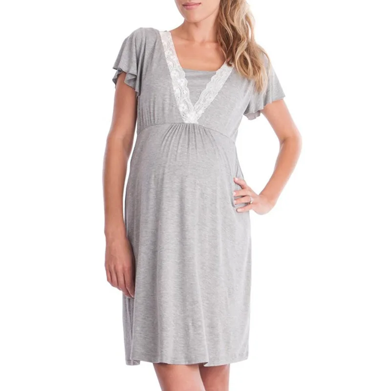 Multifunction Maternity Dress Lace Nighty Short Sleeve Solid Color Fashion Nursing Pregnant Pajamas for Summer - Image 4
