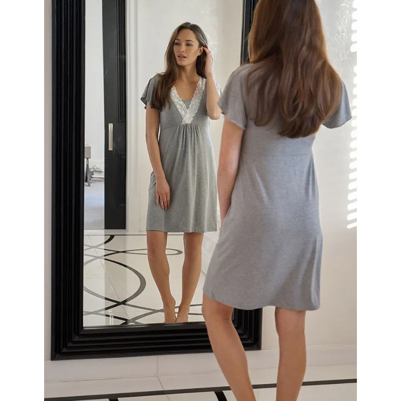 Multifunction Maternity Dress Lace Nighty Short Sleeve Solid Color Fashion Nursing Pregnant Pajamas for Summer - Image 5