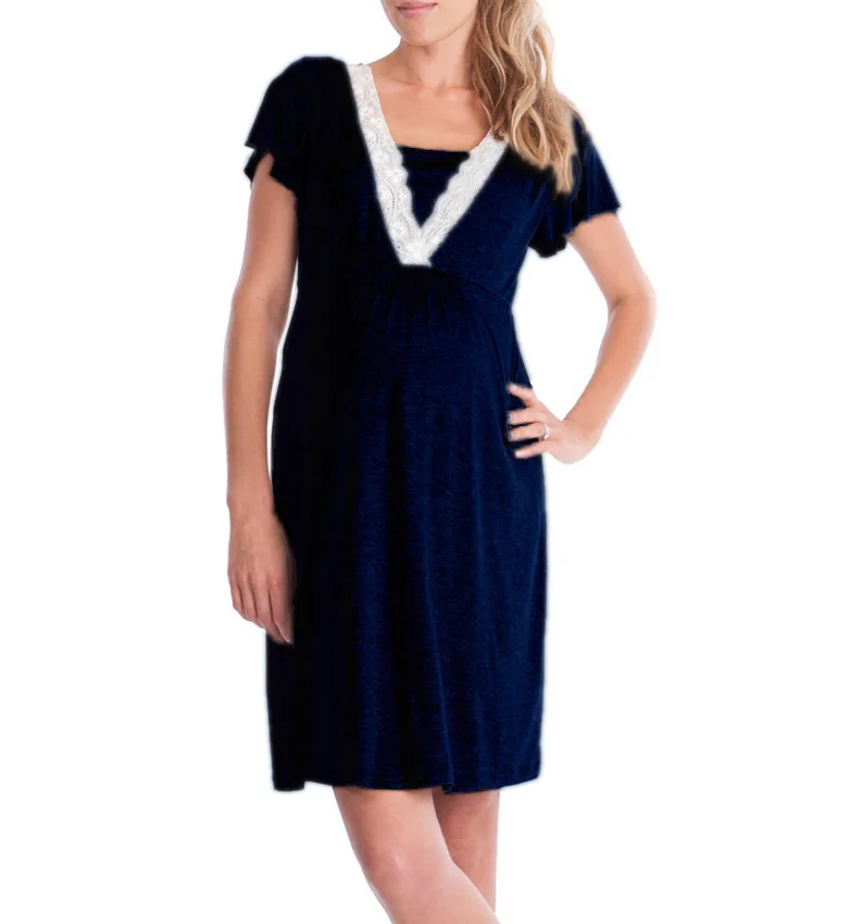 Multifunction Maternity Dress Lace Nighty Short Sleeve Solid Color Fashion Nursing Pregnant Pajamas for Summer - Image 7