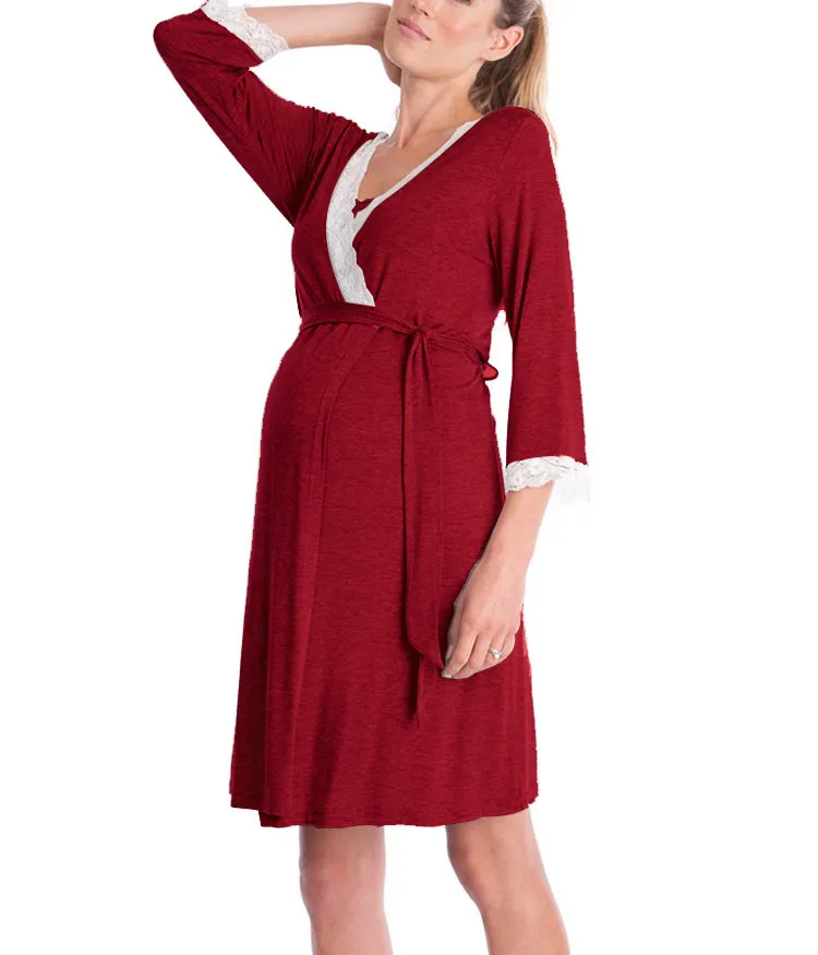 Multifunction Maternity Dress Lace Nighty Short Sleeve Solid Color Fashion Nursing Pregnant Pajamas for Summer - Image 9