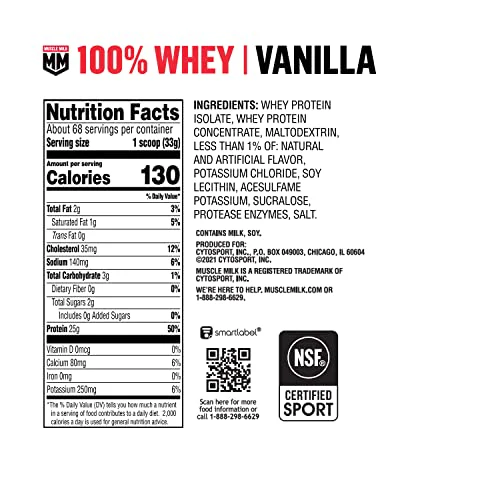 Muscle Milk 100% Whey Protein Powder, Vanilla, 5 Pound, 68 Servings, 25g Protein, 2g Sugar, Low in Fat, NSF Certified for Sport, Energizing Snack, Workout Recovery, Packaging May Vary - Image 3