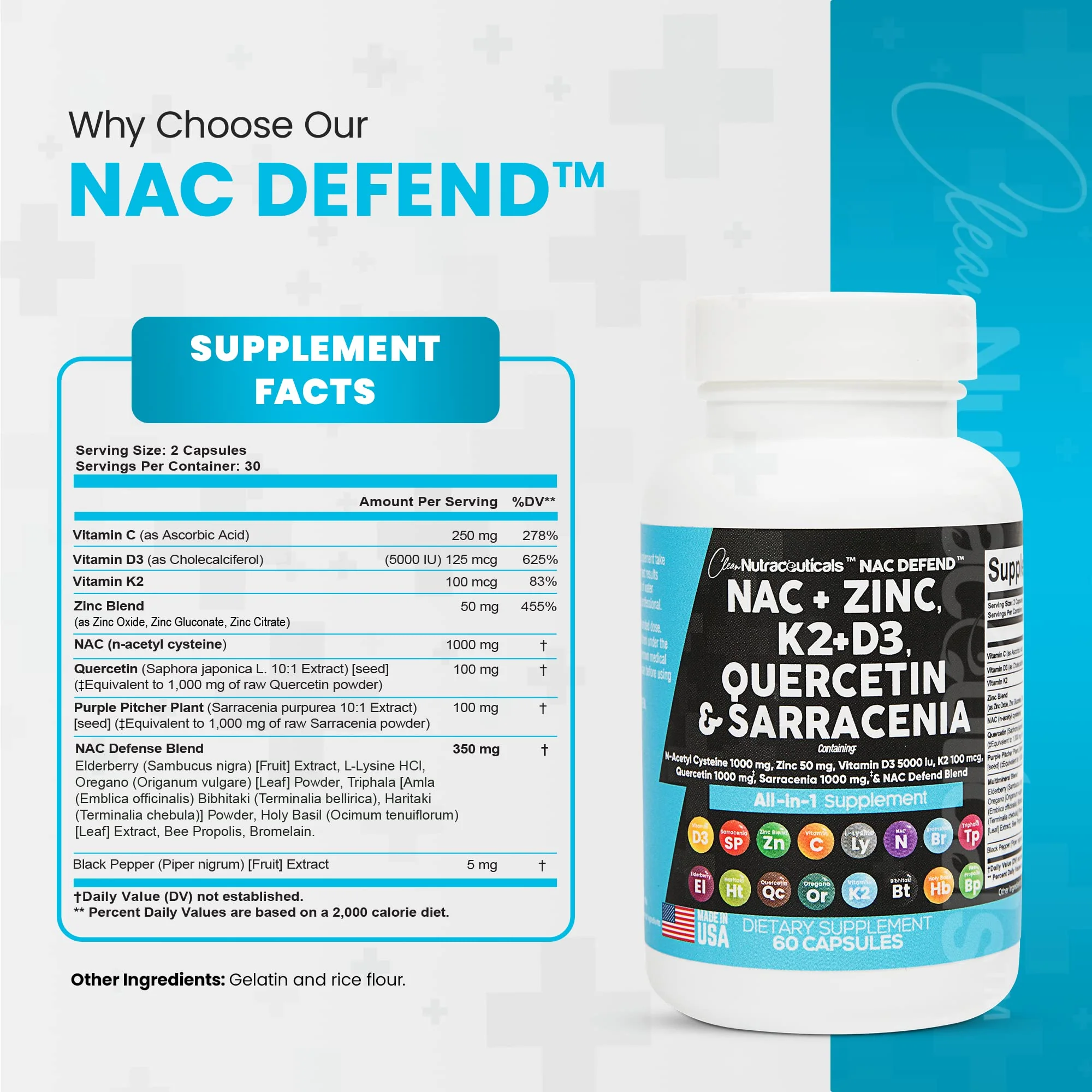NAC Supplement N-Acetyl Cysteine 1000mg Vitamin D3 K2 Zinc Quercetin 1000mg Sarracenia Purpurea 1000mg with Elderberry Holy Basil Bee Propolis Bromelain L-Lysine Made in USA - 60 Count - Image 4