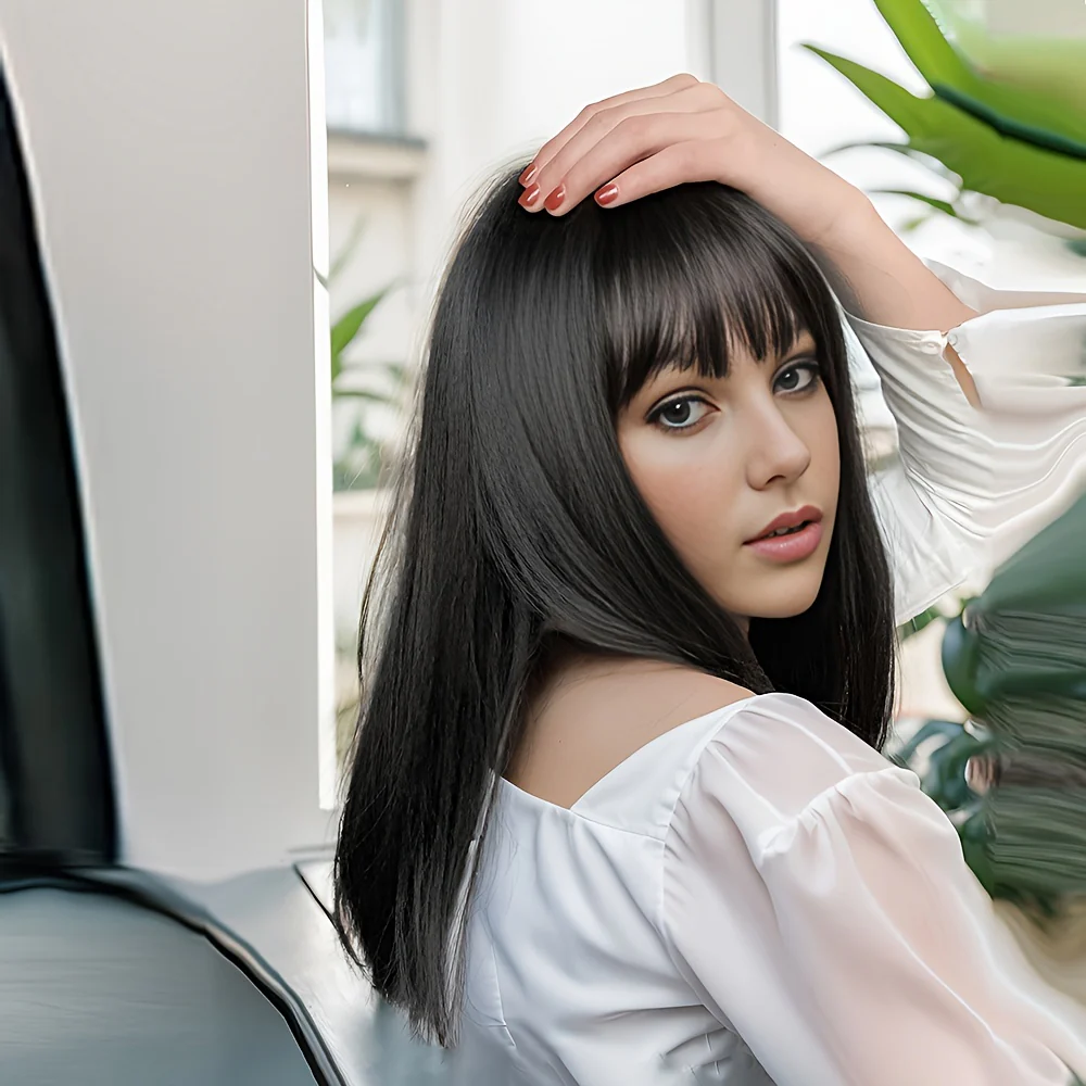 Natural Black Straight Synthetic Wig For Women With Bangs 18inch Cosplay Halloween Party Heat Resistant - Image 2