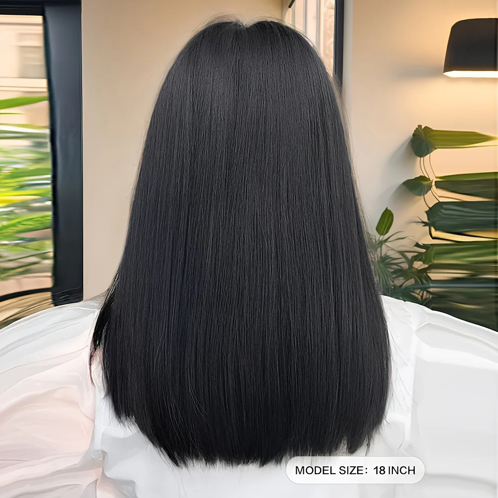 Natural Black Straight Synthetic Wig For Women With Bangs 18inch Cosplay Halloween Party Heat Resistant - Image 3