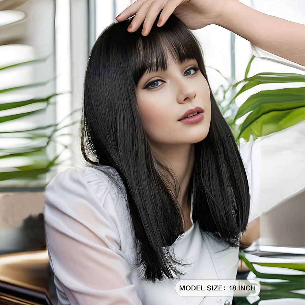 Natural Black Straight Synthetic Wig For Women With Bangs 18inch Cosplay Halloween Party Heat Resistant - Image 4
