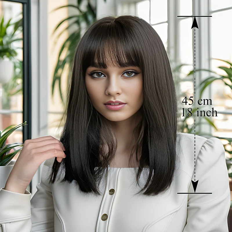 Natural Black Straight Synthetic Wig For Women With Bangs 18inch Cosplay Halloween Party Heat Resistant - Image 5