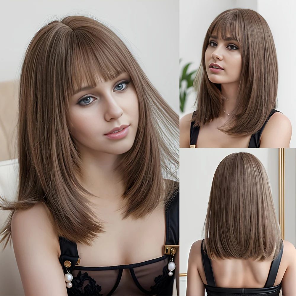 Natural Black Straight Synthetic Wig For Women With Bangs 18inch Cosplay Halloween Party Heat Resistant - Image 7