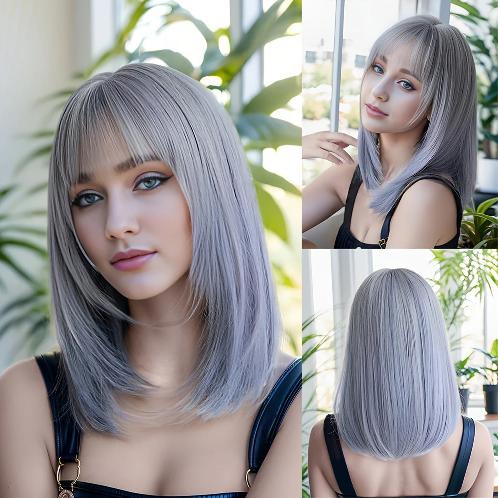Natural Black Straight Synthetic Wig For Women With Bangs 18inch Cosplay Halloween Party Heat Resistant - Image 8