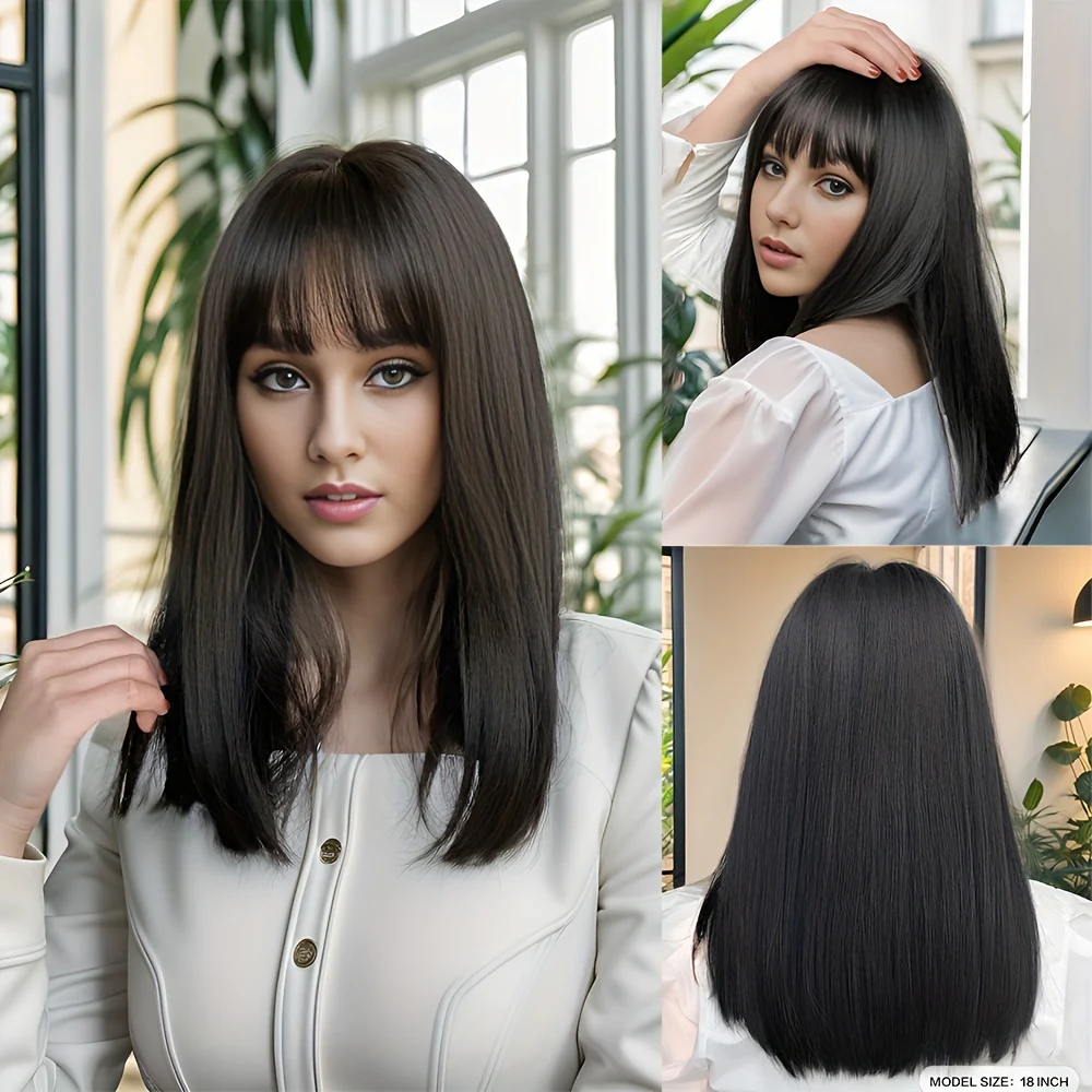 Natural Black Straight Synthetic Wig For Women With Bangs 18inch Cosplay Halloween Party Heat Resistant - Image 9