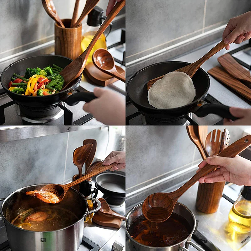 Natural Teak Cooking Spoon Scoop Kitchen Wooden Spatula Non-stick Utensils Set For Cooking With Hanging Hooks Cookware Tool Set - Image 2
