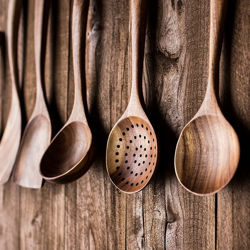 Natural Teak Cooking Spoon Scoop Kitchen Wooden Spatula Non-stick Utensils Set For Cooking With Hanging Hooks Cookware Tool Set - Image 6