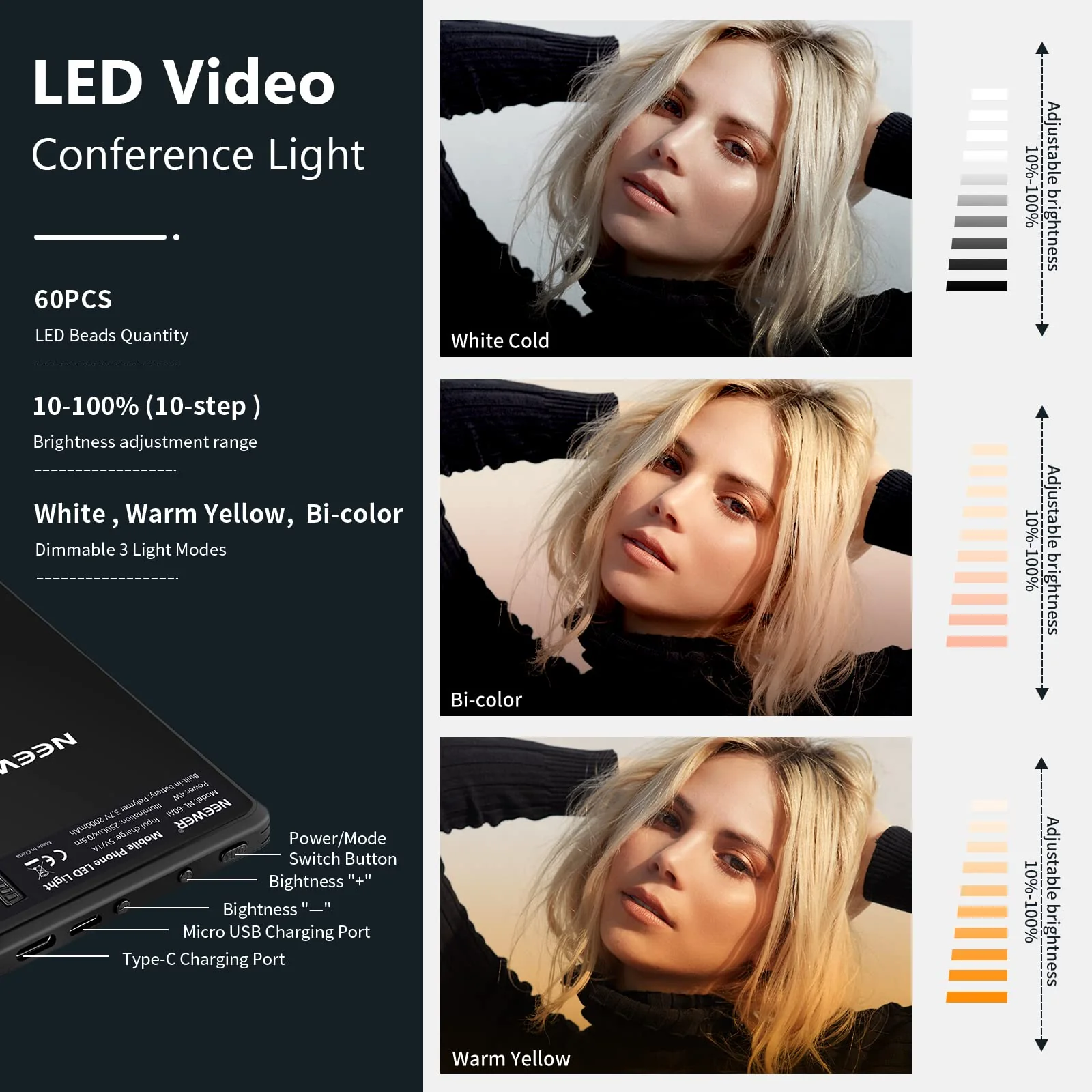 NEEWER Selfie Light with Front & Back Phone Clip, High Power 60 LED 2000mAh Rechargeable CRI 95+, 3 Light Modes, Portable Clip on Light for Tablet/Laptop, Zoom Call TikTok Video Fill Light (NL-60AI) - Image 7
