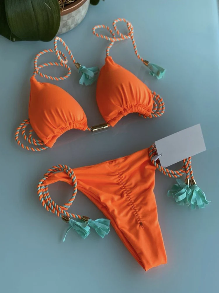 Neon Tassel Bikini Women Ribbed Swimsuit Sexy Swimwear Micro Thong Triangle Bandage Swimsuit 2023 Halter Brazilian Biquini - Image 10