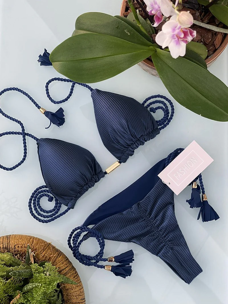 Neon Tassel Bikini Women Ribbed Swimsuit Sexy Swimwear Micro Thong Triangle Bandage Swimsuit 2023 Halter Brazilian Biquini - Image 21