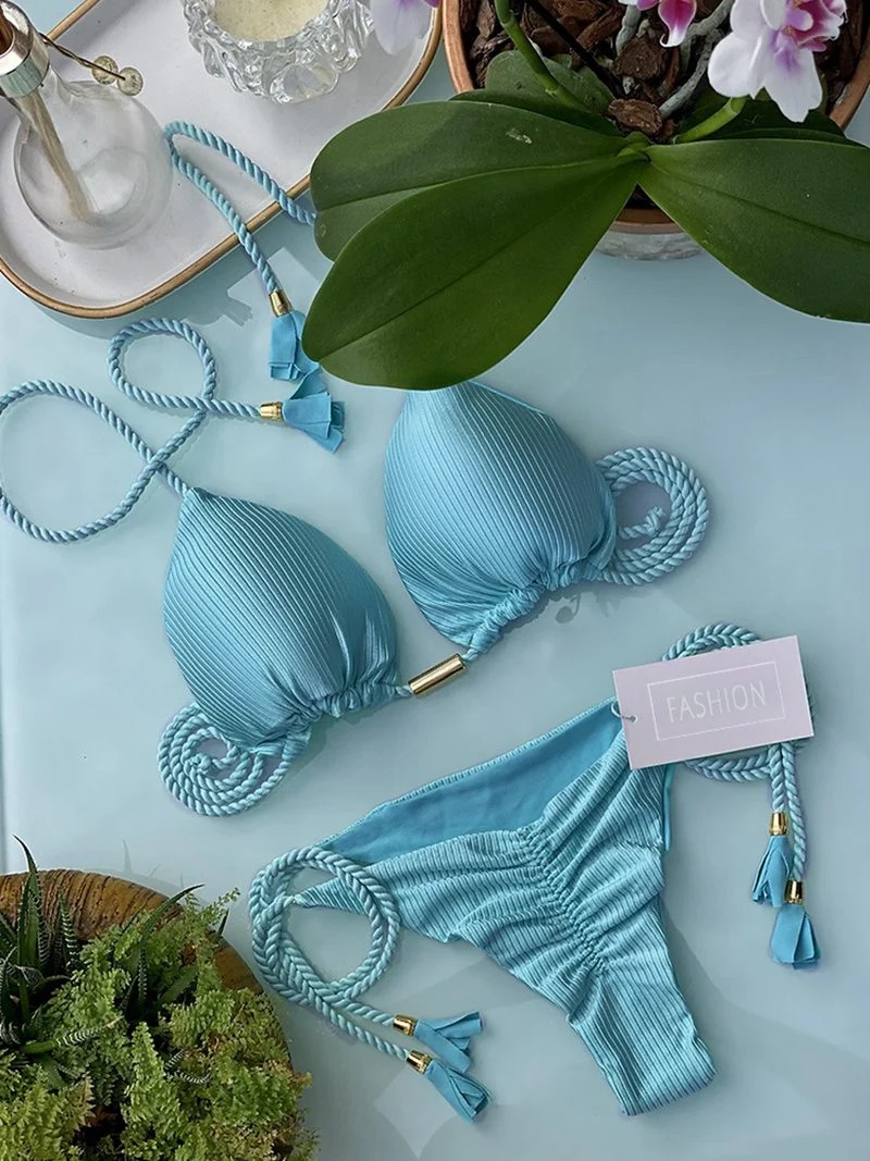 Neon Tassel Bikini Women Ribbed Swimsuit Sexy Swimwear Micro Thong Triangle Bandage Swimsuit 2023 Halter Brazilian Biquini - Image 30