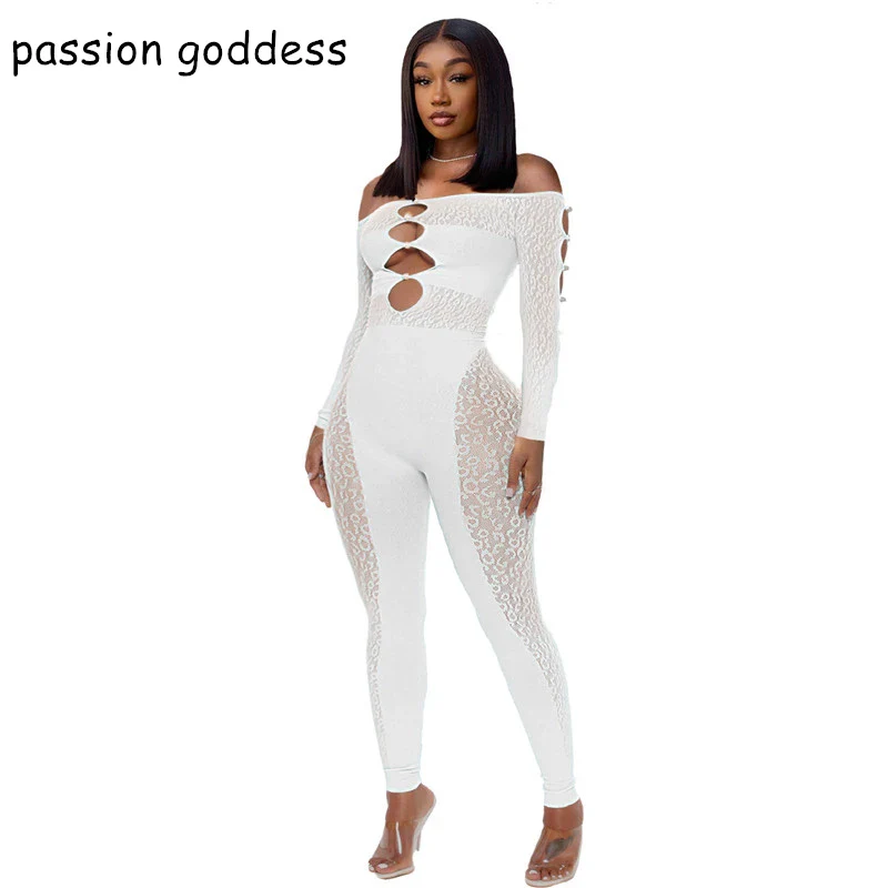 New 2022 Summer Slash Neck Off The Shoulder Hollow Out Skinny Jumpsuits Women Leopard Mesh Pearl Button Sexy Party Club Jumpsuit - Image 12