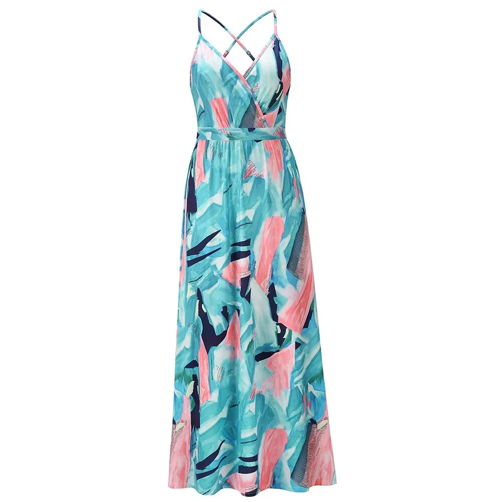 New 2023 Summer Women Casual Tropical Boho Floral Print Evening Party Beach Long Maxi Straps Dresses Sexy Backless Sundress - Image 8