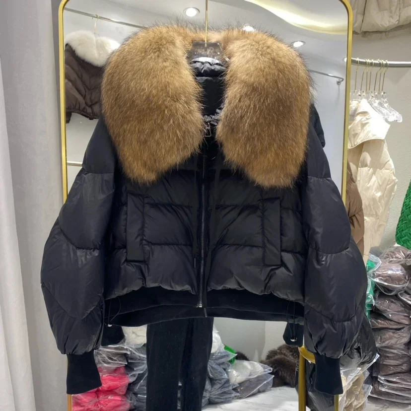 New 2023 Winter Puffer Jacket Women Thick Warm Short Parkas Real Natural Raccoon Fur Female Loose 90% White Duck Down Coat - Image 11