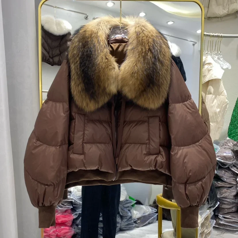 New 2023 Winter Puffer Jacket Women Thick Warm Short Parkas Real Natural Raccoon Fur Female Loose 90% White Duck Down Coat - Image 12