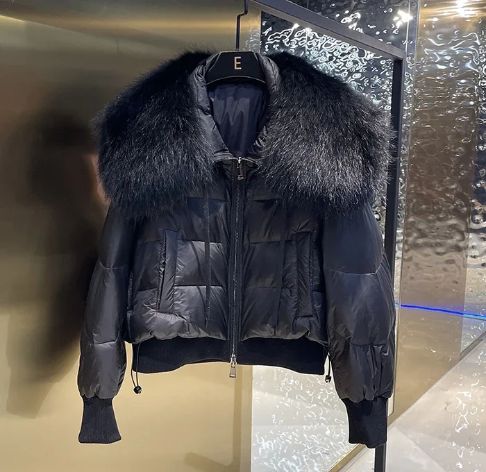New 2023 Winter Puffer Jacket Women Thick Warm Short Parkas Real Natural Raccoon Fur Female Loose 90% White Duck Down Coat - Image 15