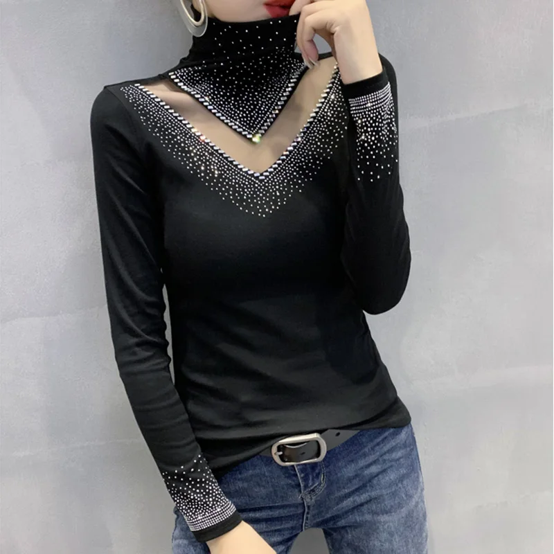 New 2025 Spring Autumn Long Sleeve T-Shirt Fashion Casual Turtleneck Diamond Woman Tee Elegant Slim Women's Tops Blusas - Image 2