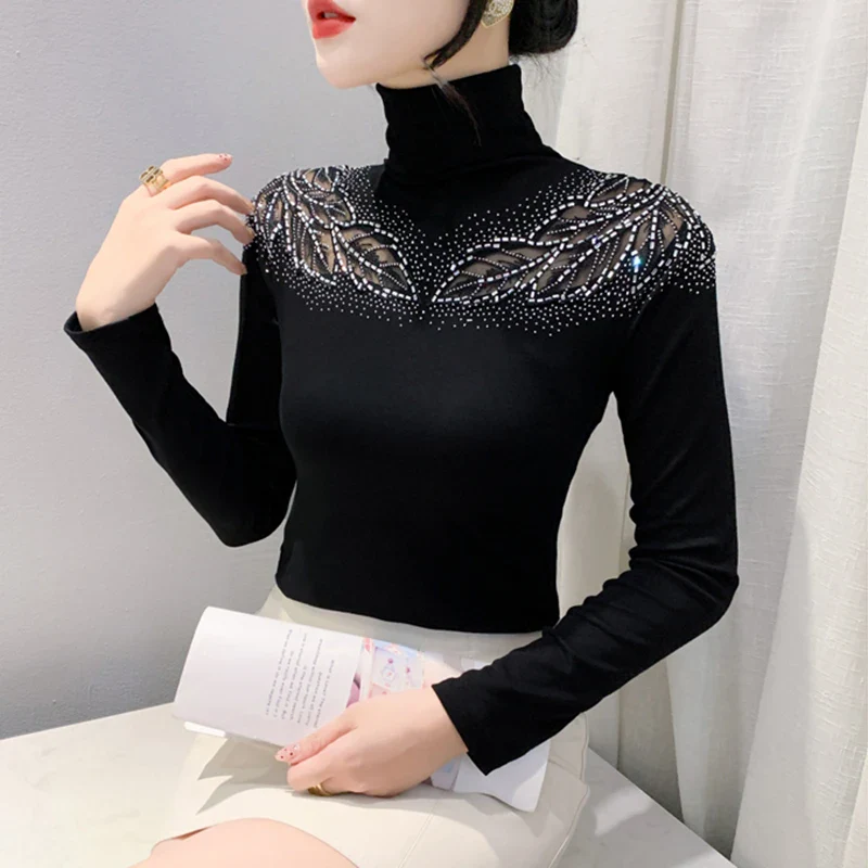 New 2025 Spring Autumn Long Sleeve T-Shirt Fashion Casual Turtleneck Diamond Woman Tee Elegant Slim Women's Tops Blusas - Image 6