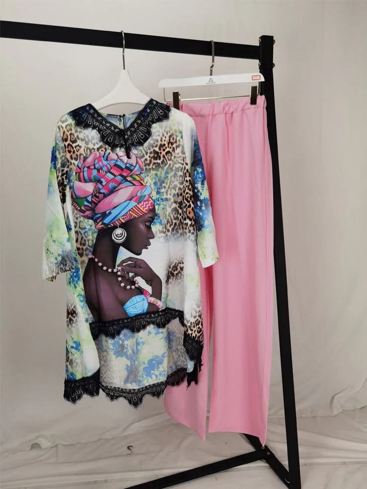 New African Lace Neck Set (Dress and Pants) Bat SLeeve Extra Large  Women's  (KSTZ1 #) - Image 3