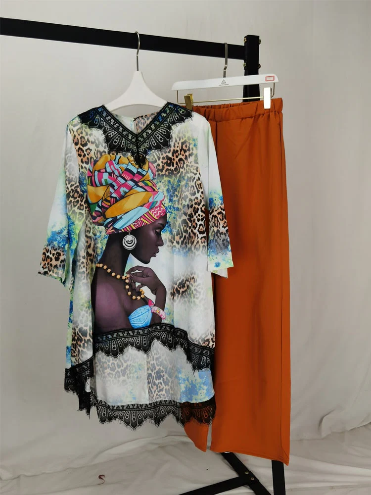 New African Lace Neck Set (Dress and Pants) Bat SLeeve Extra Large  Women's  (KSTZ1 #) - Image 4