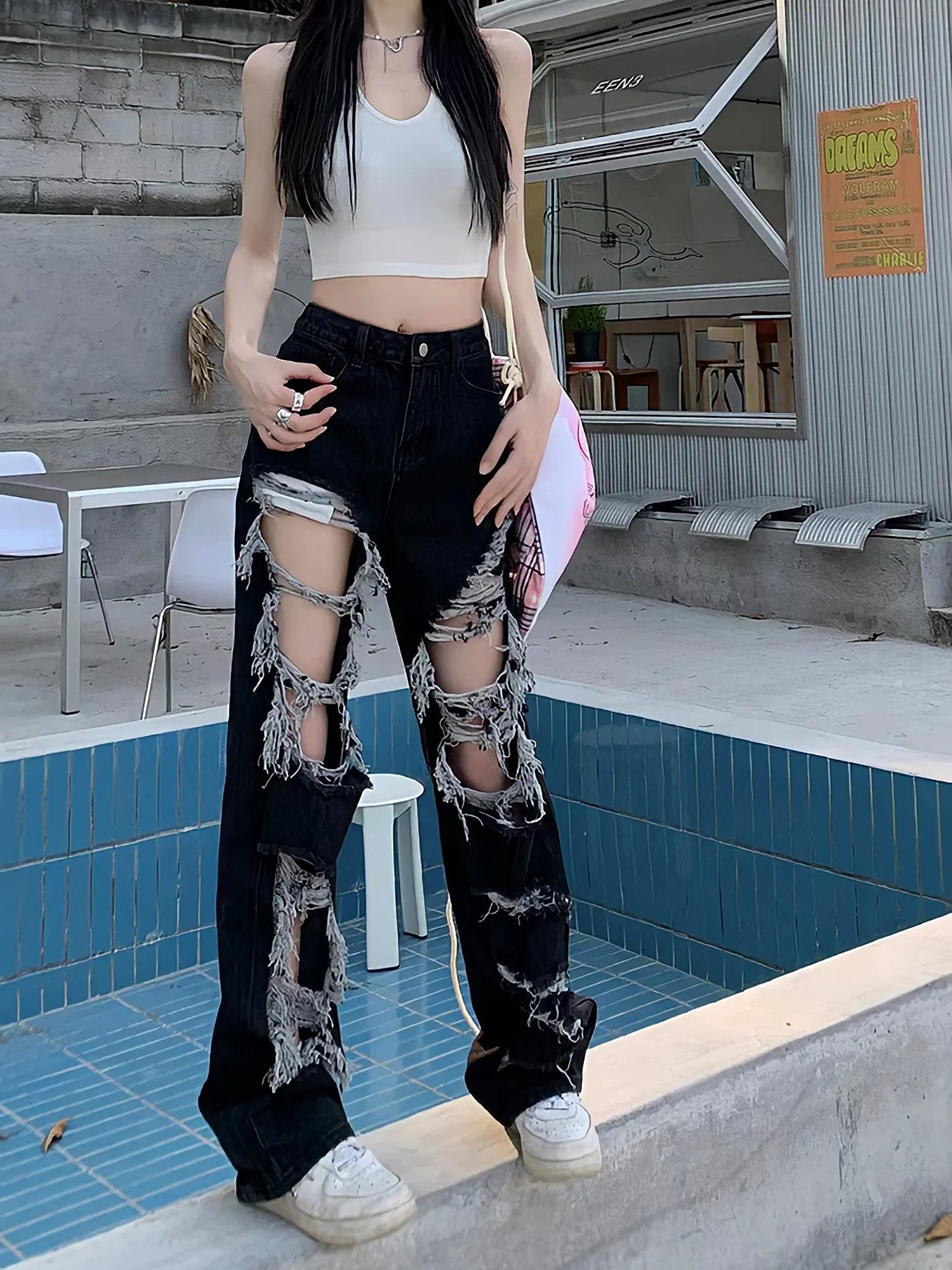New All-Match Y2k Distressed Women Broken Hole Jeans High Street Hip Hop High Waist Straight Loose Trousers Washed Mopping Pants - Image 6