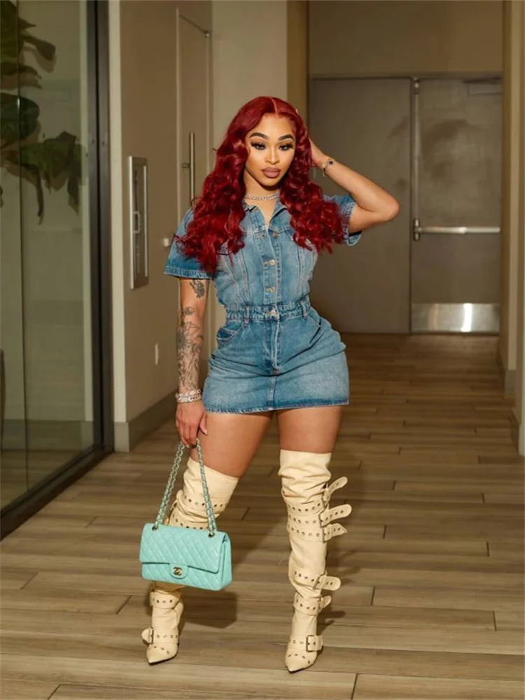 New Arrival Clothes Casual Dresses For Women 2024 Dress Mini Party Club Short Sleeve Blue Streetwear denim Buttons Dress Women - Image 2