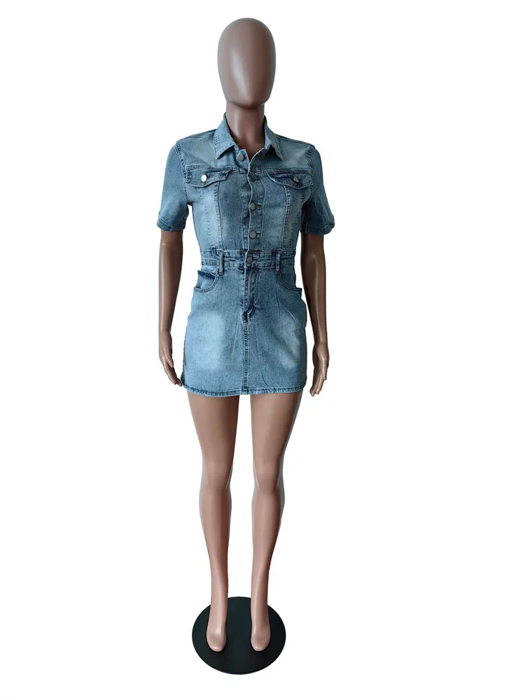 New Arrival Clothes Casual Dresses For Women 2024 Dress Mini Party Club Short Sleeve Blue Streetwear denim Buttons Dress Women - Image 4