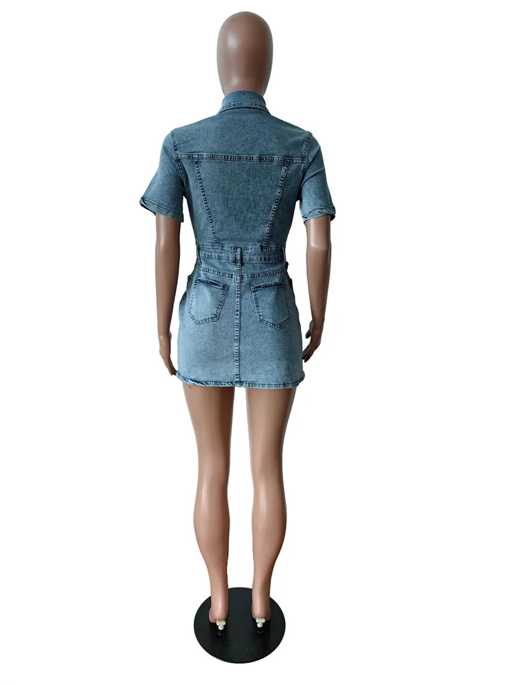 New Arrival Clothes Casual Dresses For Women 2024 Dress Mini Party Club Short Sleeve Blue Streetwear denim Buttons Dress Women - Image 5