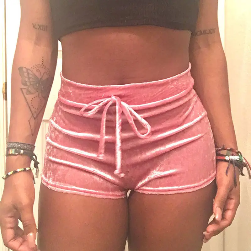 New arrival Pretty Little Thing Womens Ladies Pink Crushed Velvet Runner arrival Short Hot Casual Women Skinny Drawstring Shorts - Image 2