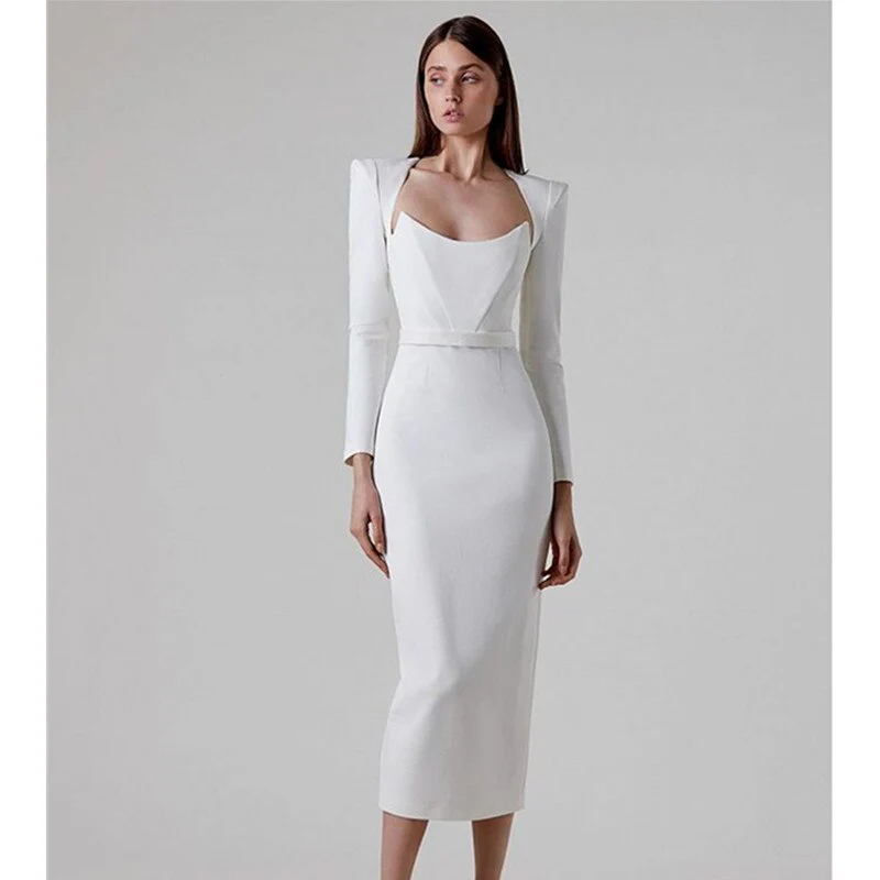 New Arrival Women Winter Sexy Long Sleeve V Neck Pink Black White Midi Bandage Dress 2023 Elegant Evening Club Party Dress - Image 2