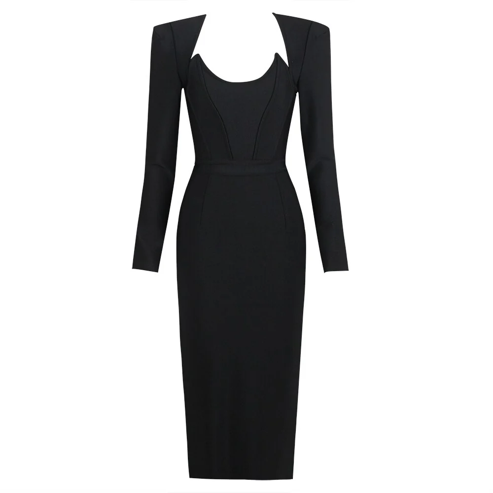 New Arrival Women Winter Sexy Long Sleeve V Neck Pink Black White Midi Bandage Dress 2023 Elegant Evening Club Party Dress - Image 3
