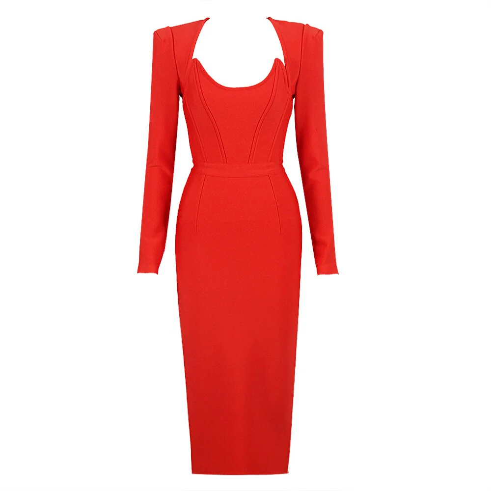 New Arrival Women Winter Sexy Long Sleeve V Neck Pink Black White Midi Bandage Dress 2023 Elegant Evening Club Party Dress - Image 4