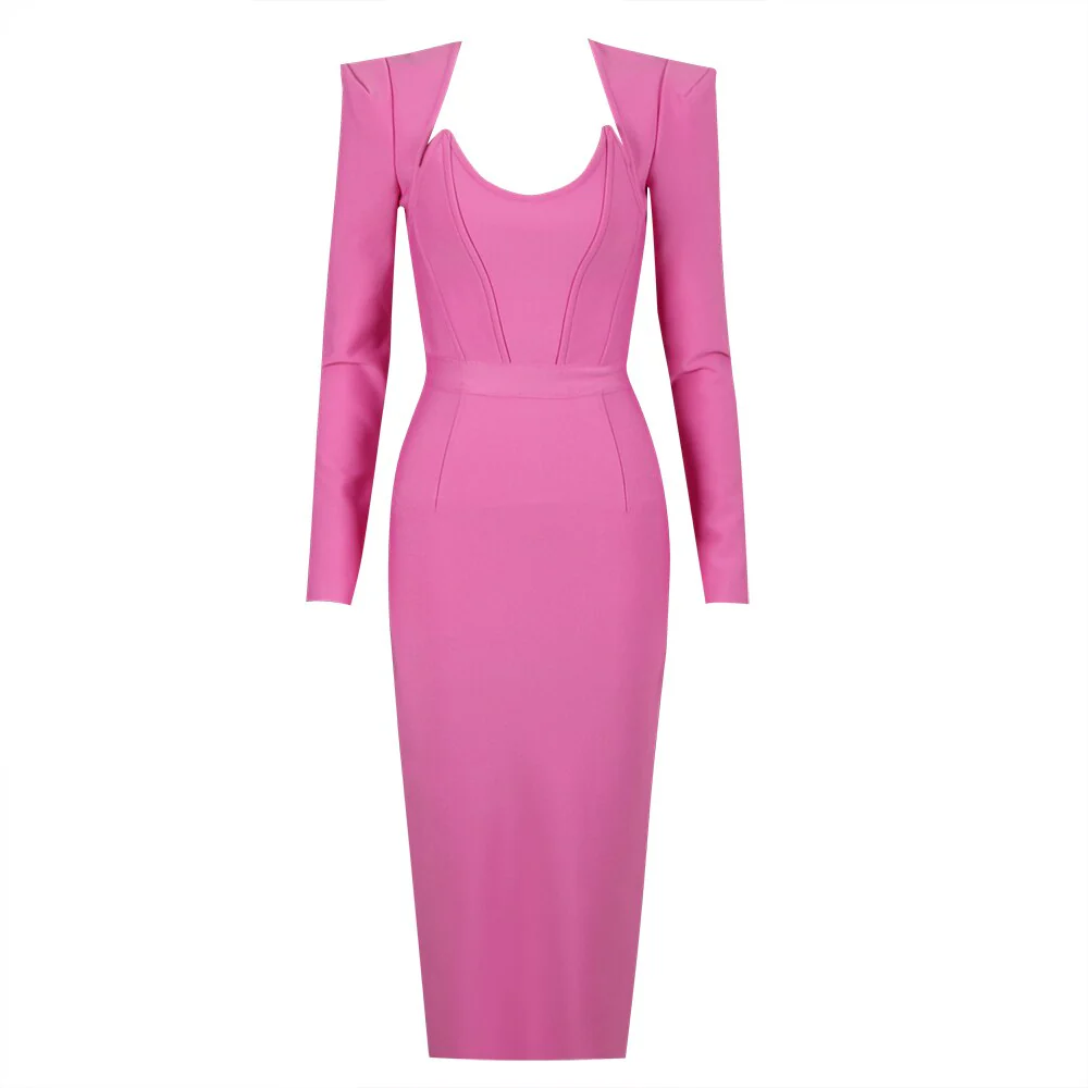 New Arrival Women Winter Sexy Long Sleeve V Neck Pink Black White Midi Bandage Dress 2023 Elegant Evening Club Party Dress - Image 5