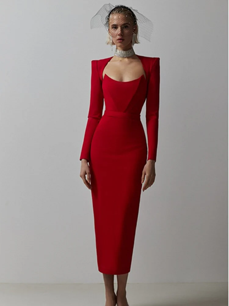 New Arrival Women Winter Sexy Long Sleeve V Neck Pink Black White Midi Bandage Dress 2023 Elegant Evening Club Party Dress - Image 8