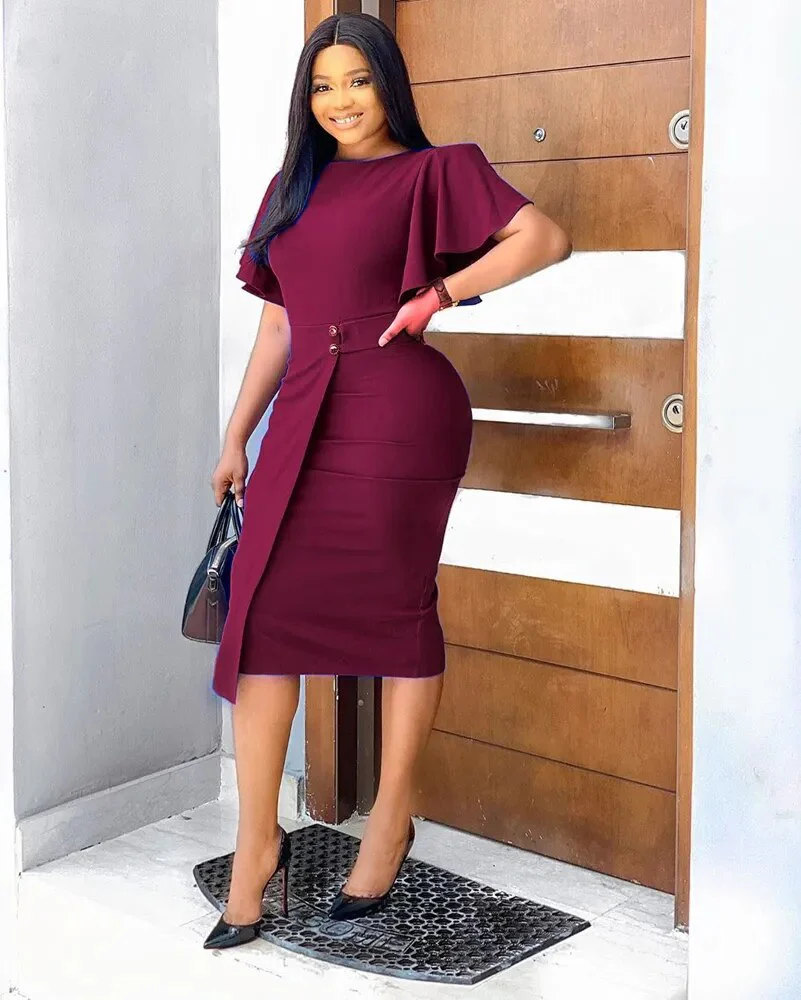 New Arrivals 2022 Women Elegant Summer Church Dresses Fashion Ruffles Short Sleeves Ladies Work Office Knee Length Formal Dress - Image 4
