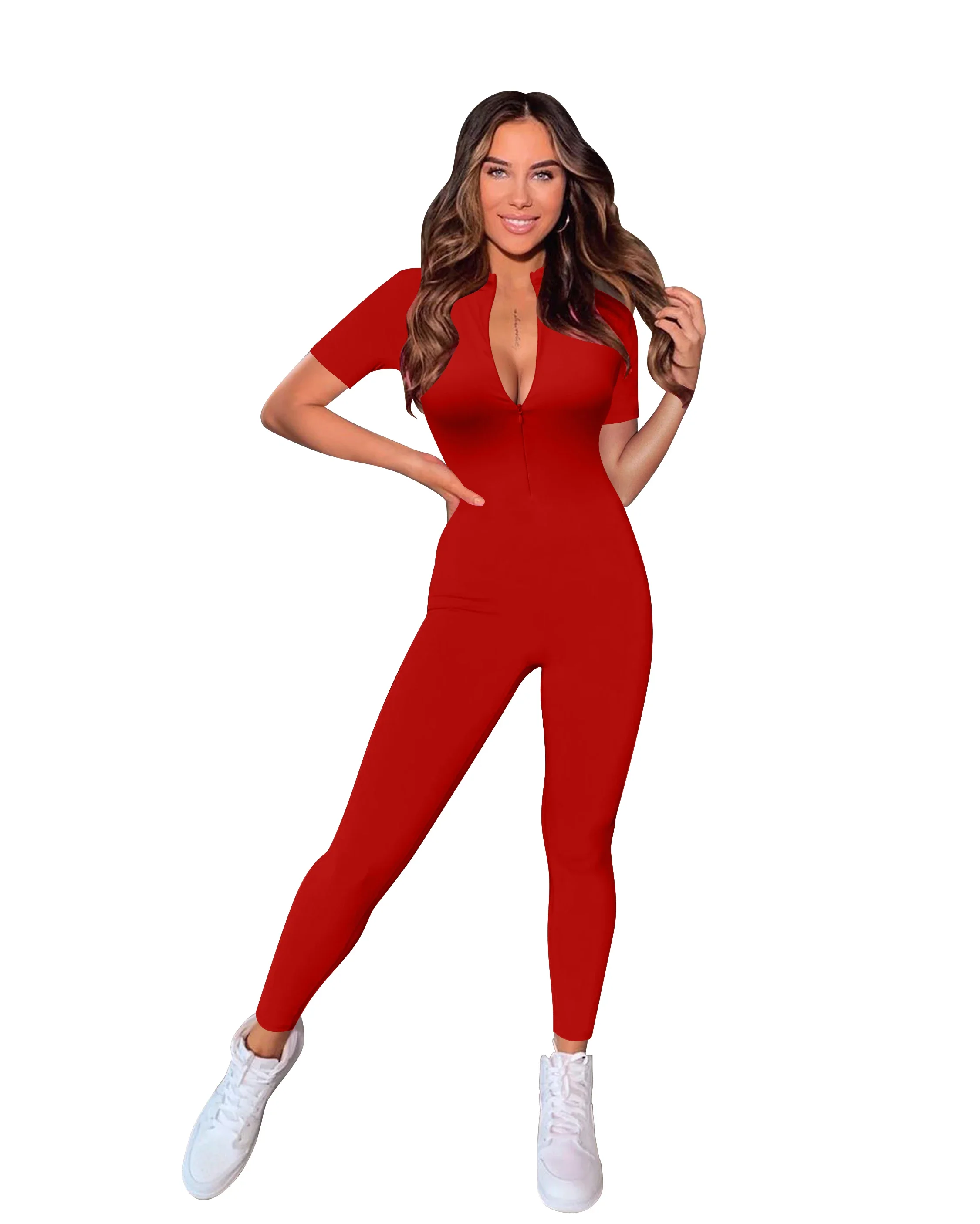 New Autumn and Winter 2023 Short Sleeve V Neck Bodycon Jumpsuit Full Lengt Rompers Women Jumpsuits - Image 2