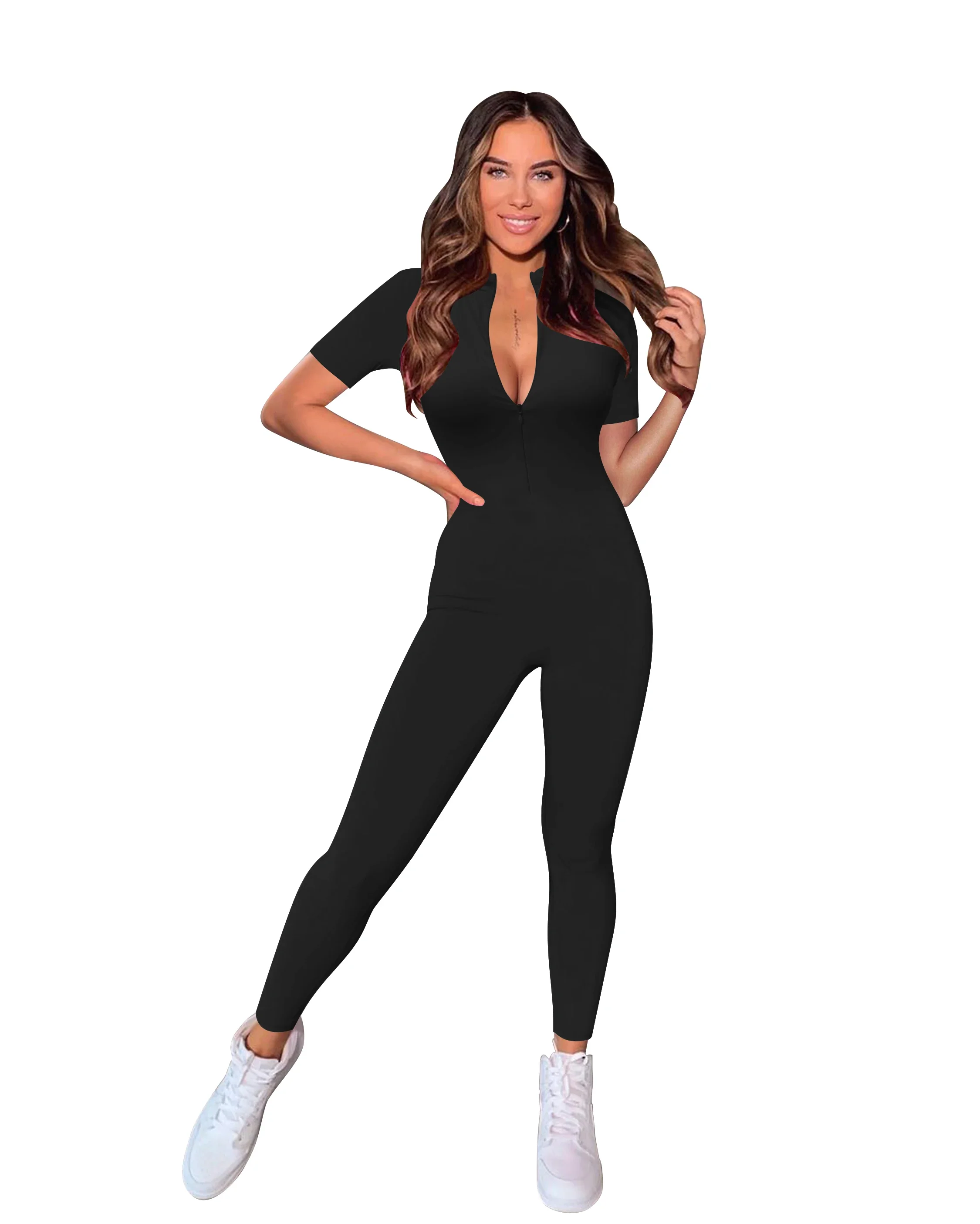 New Autumn and Winter 2023 Short Sleeve V Neck Bodycon Jumpsuit Full Lengt Rompers Women Jumpsuits - Image 3