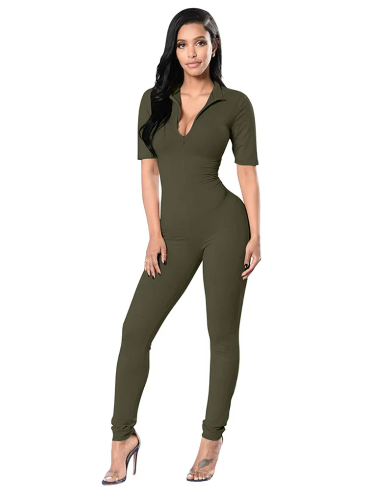 New Autumn and Winter 2023 Short Sleeve V Neck Bodycon Jumpsuit Full Lengt Rompers Women Jumpsuits - Image 4