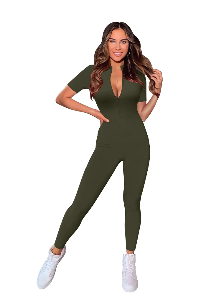 New Autumn and Winter 2023 Short Sleeve V Neck Bodycon Jumpsuit Full Lengt Rompers Women Jumpsuits - Image 7