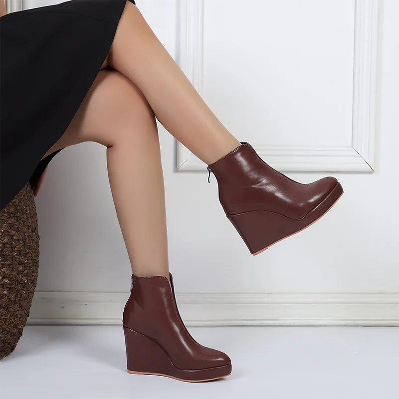 New Autumn Early Winter Shoes Women Ankle Boots Platform Fashion Ladies Wedge Heels 10cm Pure Black White Big Size 42 - Image 4
