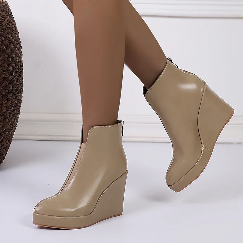 New Autumn Early Winter Shoes Women Ankle Boots Platform Fashion Ladies Wedge Heels 10cm Pure Black White Big Size 42 - Image 5