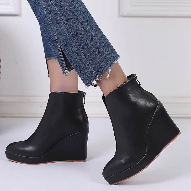 New Autumn Early Winter Shoes Women Ankle Boots Platform Fashion Ladies Wedge Heels 10cm Pure Black White Big Size 42 - Image 6